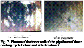 Подпись: Fig. 7. Photos of the inner wall of the pipelines of the re-cooling cycle before and after treatment. 