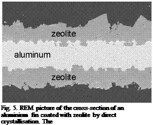 Подпись: Fig. 5. REM picture of the cross-section of an aluminium fin coated with zeolite by direct crystallisation. The overall thickness of the fin is about 500 microns. 