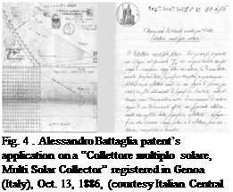 Подпись: Fig. 4 . Alessandro Battaglia patent’s application on a “Collettore multiplo solare, Multi Solar Collector” registered in Genoa (Italy), Oct. 13, 1886, (courtesy Italian Central State Archive). 