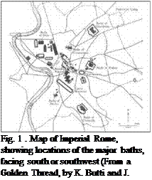 Подпись: Fig. 1 . Map of Imperial Rome, showing locations of the major baths, facing south or southwest (From a Golden Thread, by K. Butti and J. Perlin, 1981) 