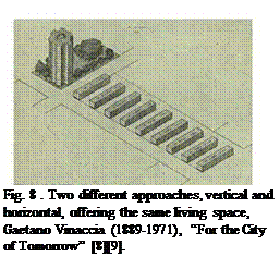 Подпись: Fig. 8 . Two different approaches, vertical and horizontal, offering the same living space, Gaetano Vinaccia (1889-1971), “For the City of Tomorrow” [8][9]. 