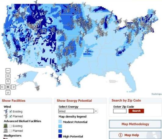 Интерактивная карта США по возобновляемым и другим источниками энергии